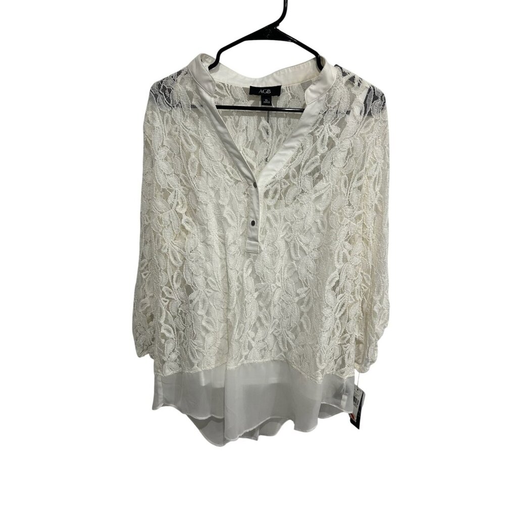 AGB Floral Lace Blouse Ivory Sz XL Chiffon Hem 3/4 Sleeve Mesh Bohemian NWT